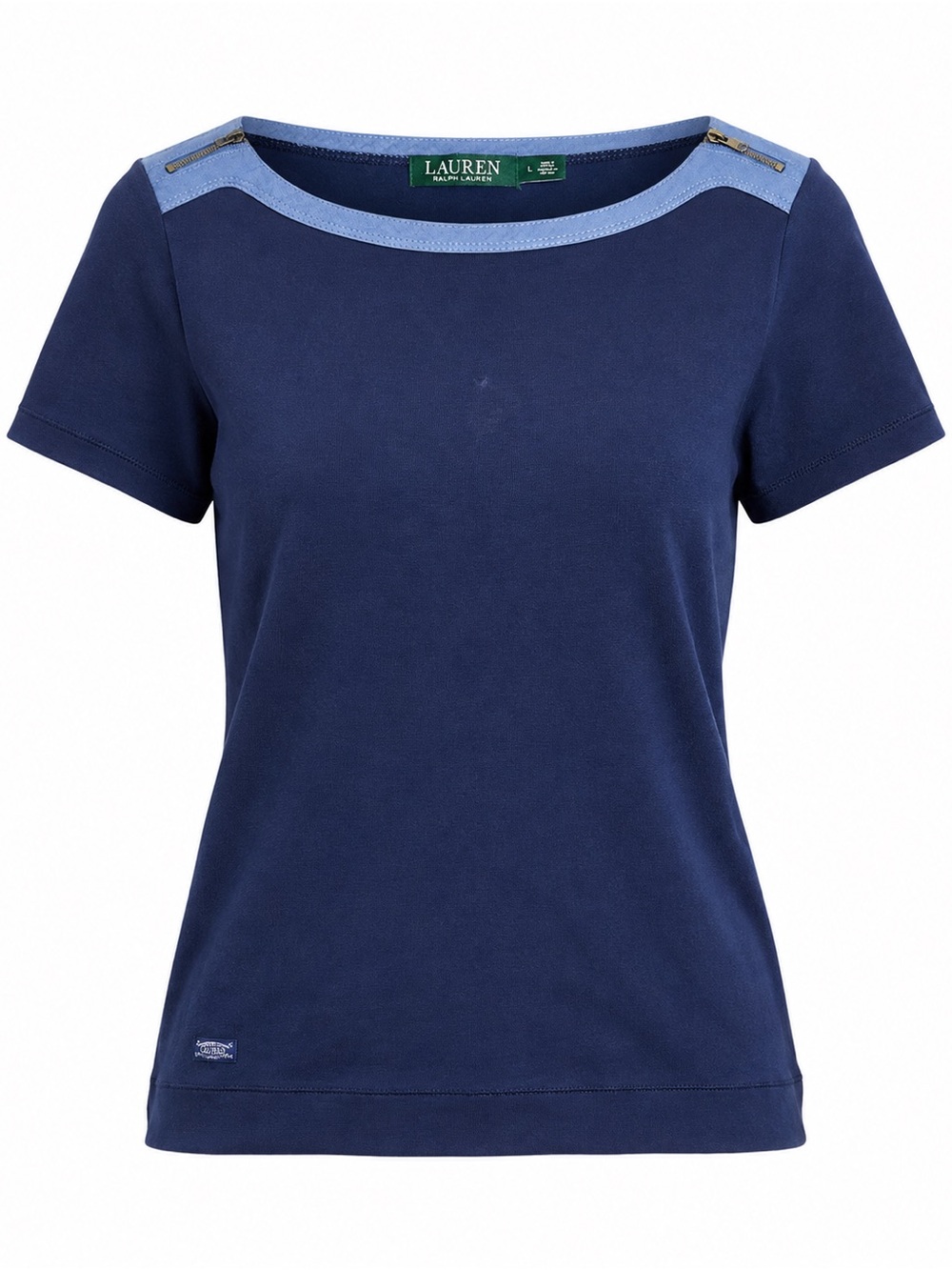 Lauren Ralph Lauren Navy Blue Shoulder Zip Short Sleeve Top Size L